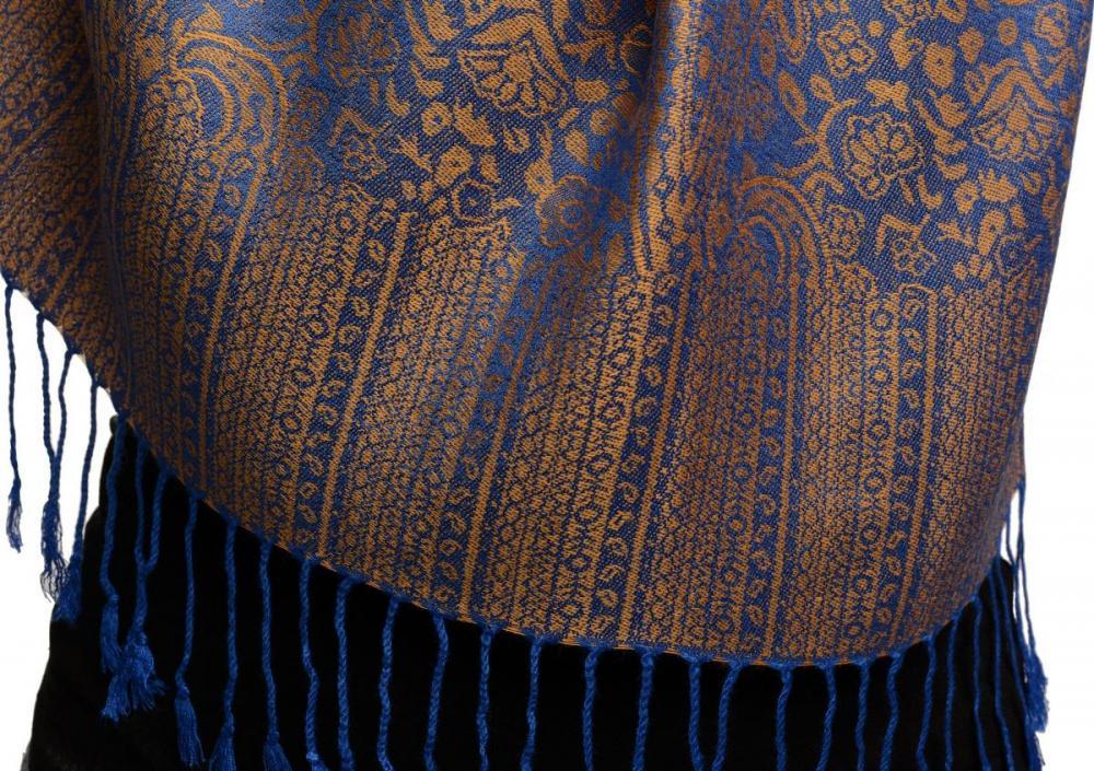 Liss Kiss Blue & Dark Beige Paisleys Pashmina Feel With Tassels - Scarf