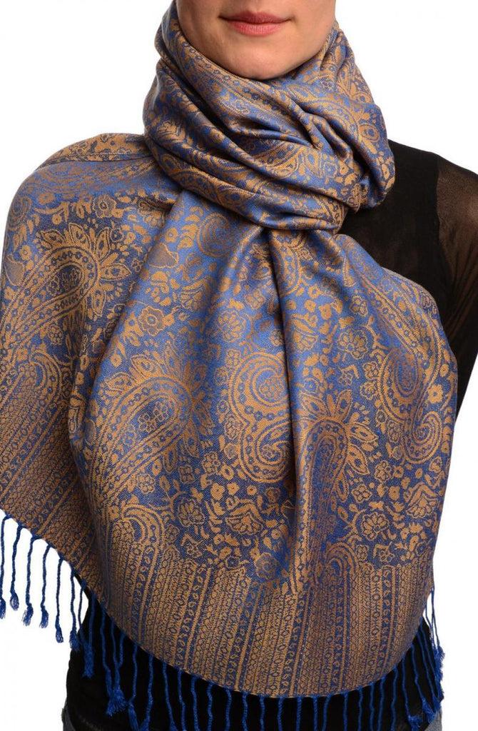 liss kiss Blue & Dark Beige Paisleys Pashmina Feel With Tassels - Scarf
