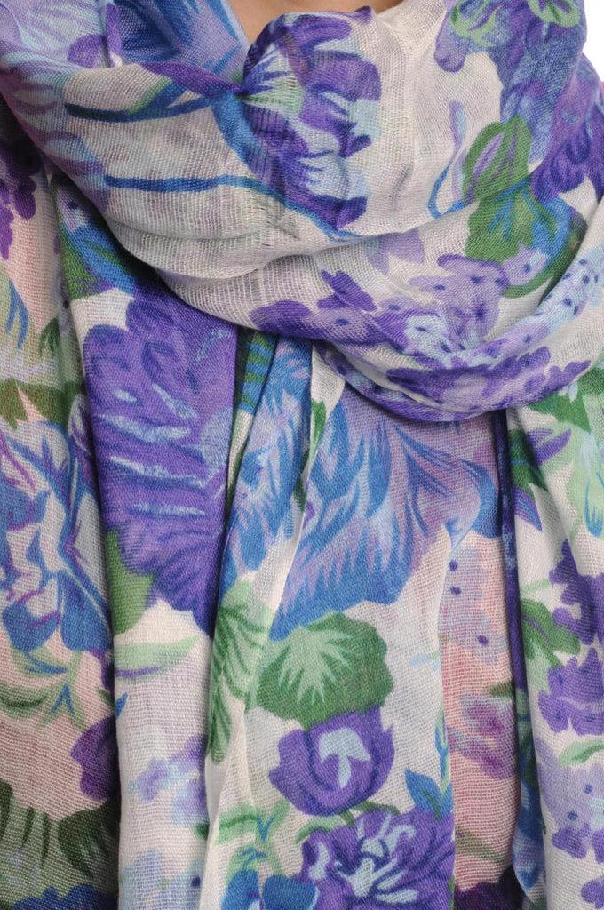 Liss Kiss Blue & Dark Blue Summer Garden Flowers On White - Scarf