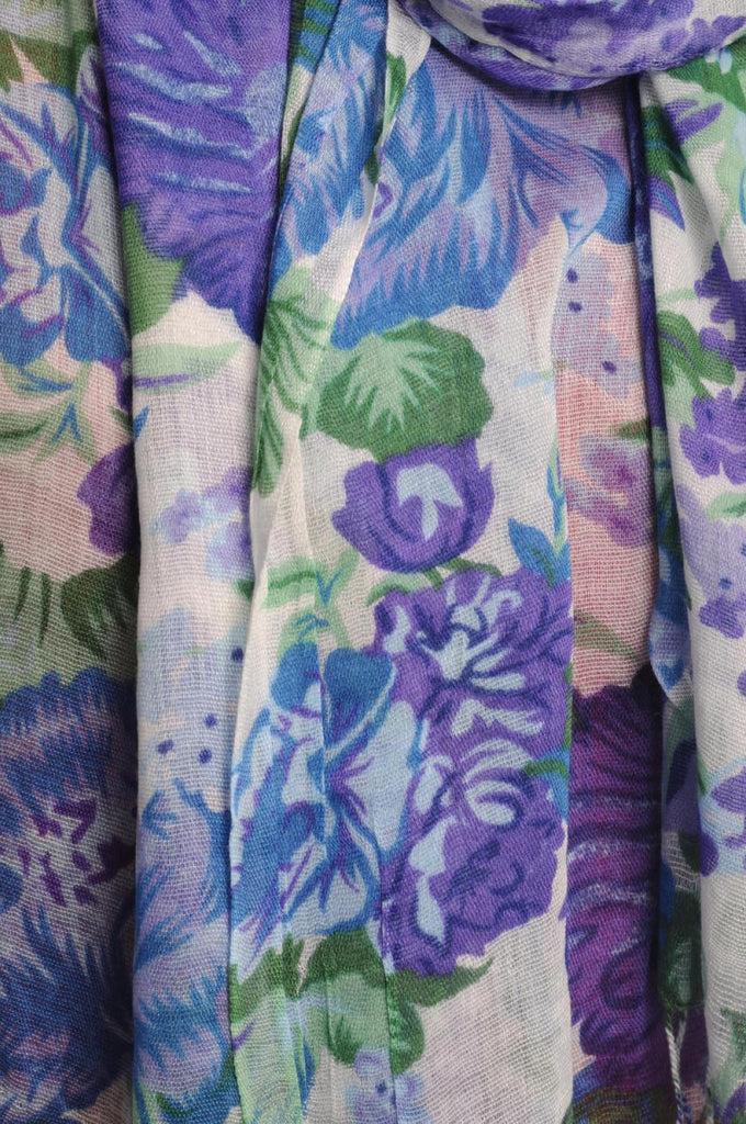 Liss Kiss Blue & Dark Blue Summer Garden Flowers On White - Scarf