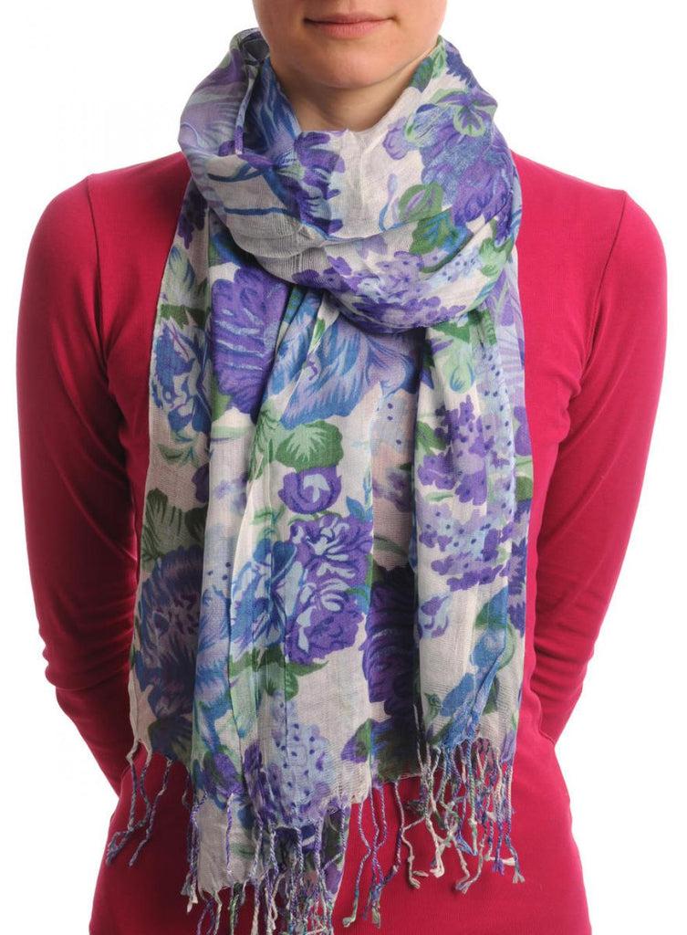 liss kiss Blue & Dark Blue Summer Garden Flowers On White - Scarf