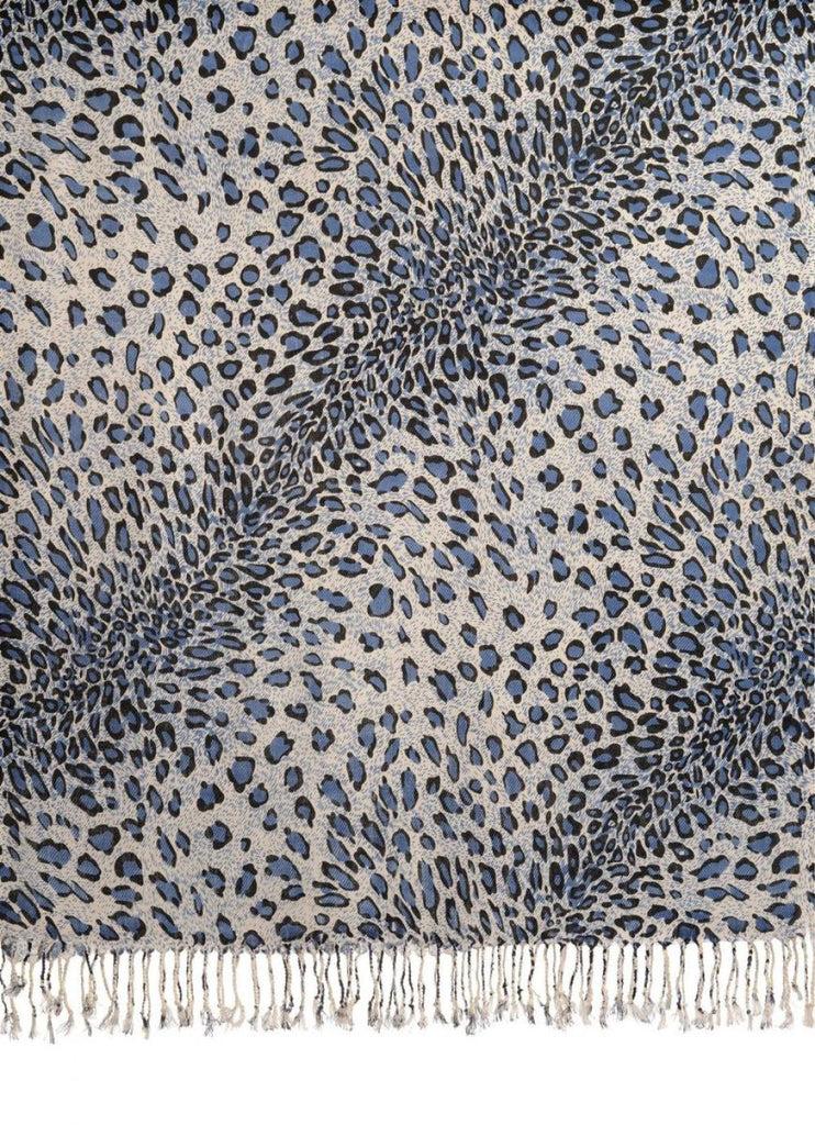 Liss Kiss Blue Diagonal Leopard On White Pashmina Feel With Tassels - Scarf