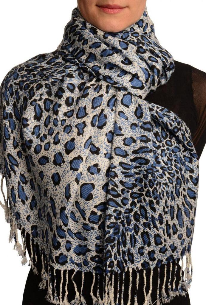 liss kiss Blue Diagonal Leopard On White Pashmina Feel With Tassels - Scarf