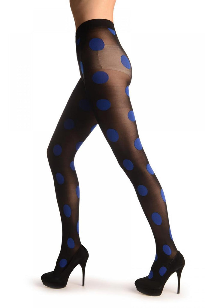 Liss Kiss Blue Extra Large Polka Dot On Black - Tights