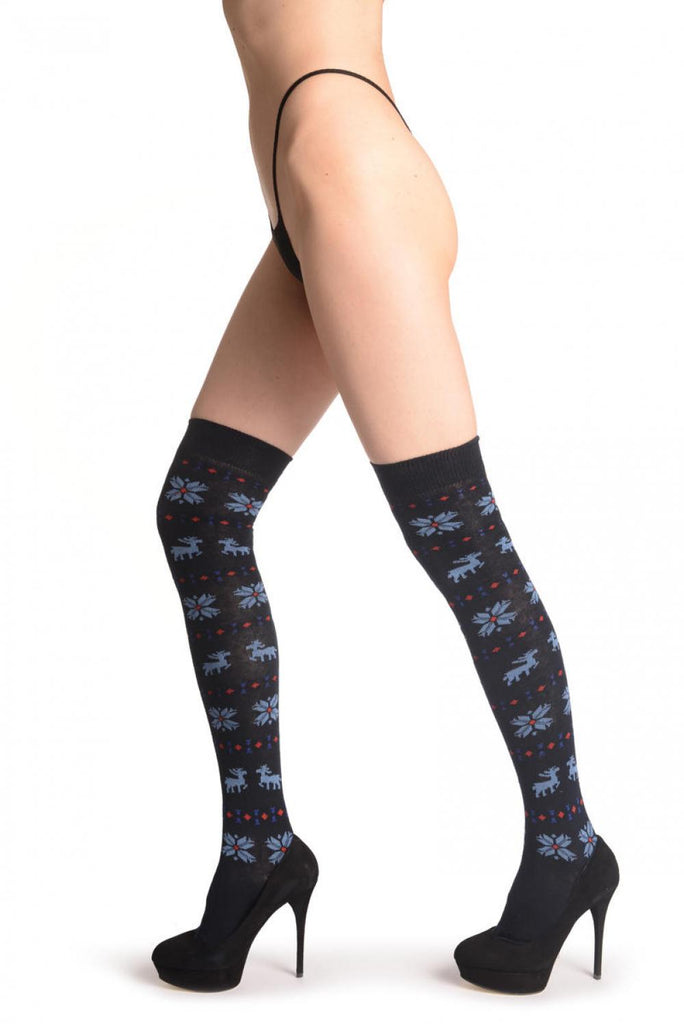 liss kiss Blue Fairisle & Reindeers On Dark Blue - Over The Knee Socks
