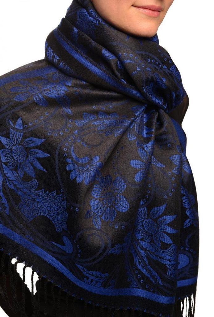 Liss Kiss Blue Garden Flowers On Black Pashmina With Tassels - Scarf