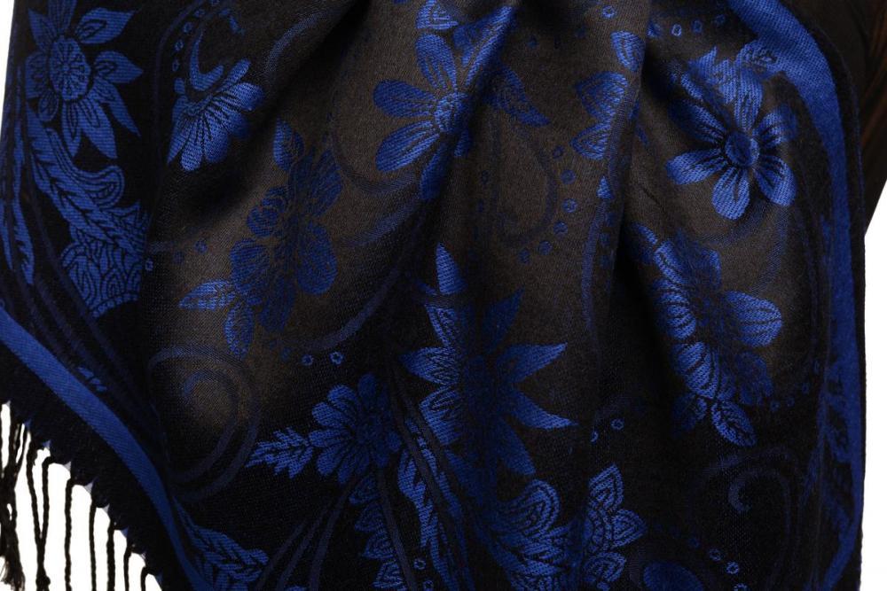 Liss Kiss Blue Garden Flowers On Black Pashmina With Tassels - Scarf