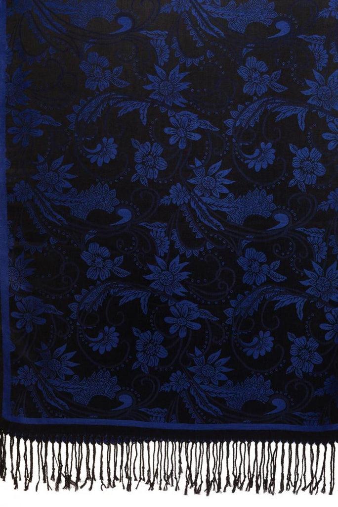 Liss Kiss Blue Garden Flowers On Black Pashmina With Tassels - Scarf