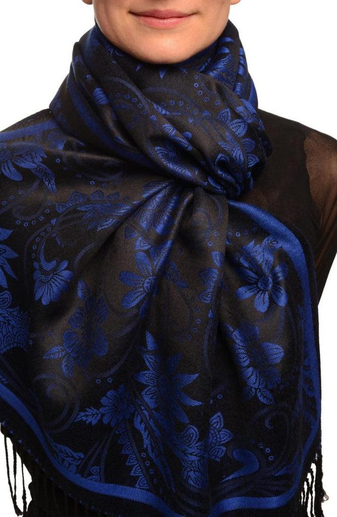 liss kiss Blue Garden Flowers On Black Pashmina With Tassels - Scarf