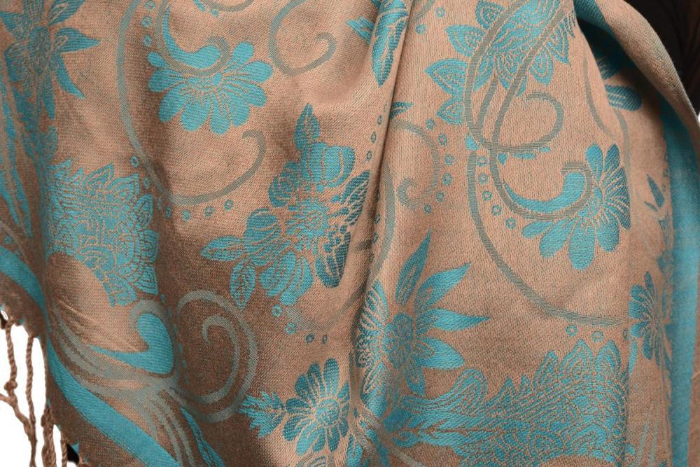 Liss Kiss Blue Garden Flowers On Grey Pashmina With Tassels - Scarf