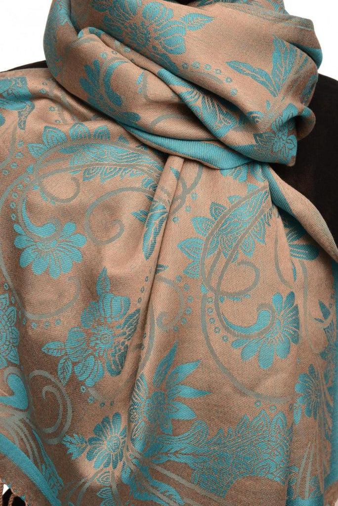 Liss Kiss Blue Garden Flowers On Grey Pashmina With Tassels - Scarf