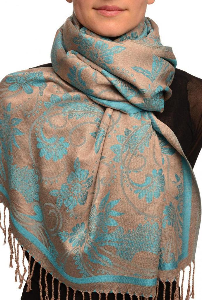 liss kiss Blue Garden Flowers On Grey Pashmina With Tassels - Scarf