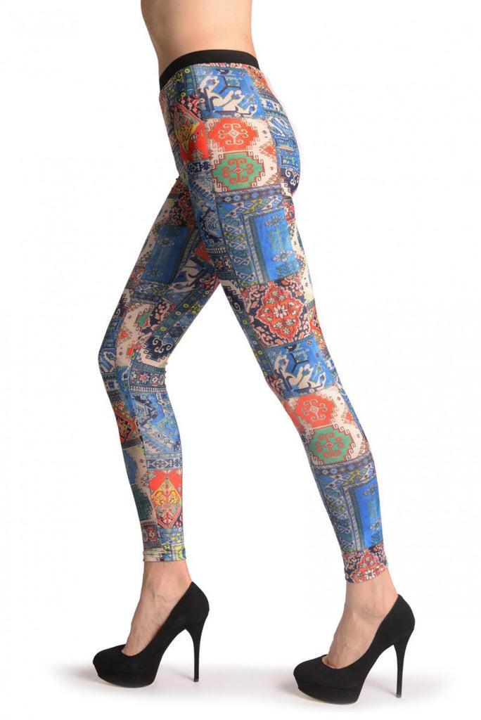 Liss Kiss Blue Green & Terracotta Aztec Panels - Leggings