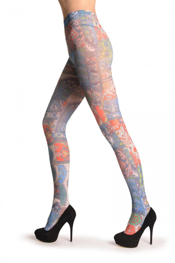 Liss Kiss Blue Green & Terracotta Aztec Panels - Tights