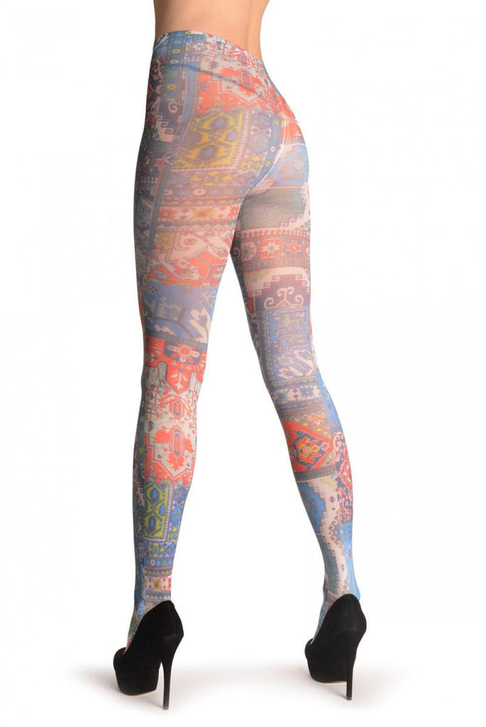 Liss Kiss Blue Green & Terracotta Aztec Panels - Tights
