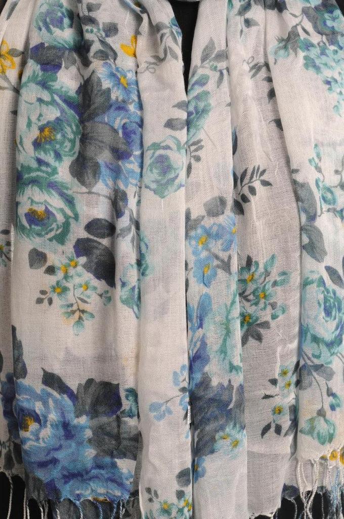 Liss Kiss Blue Grey & Azure Roses On White With Tassels - Scarf