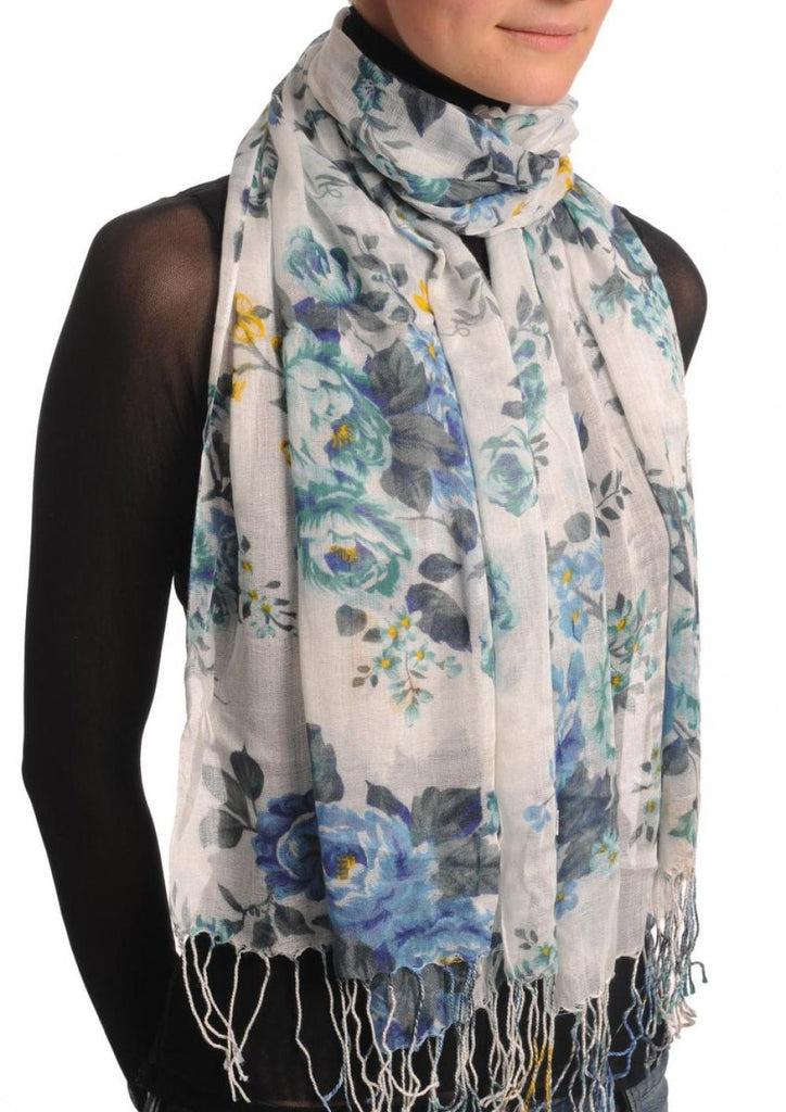 Liss Kiss Blue Grey & Azure Roses On White With Tassels - Scarf