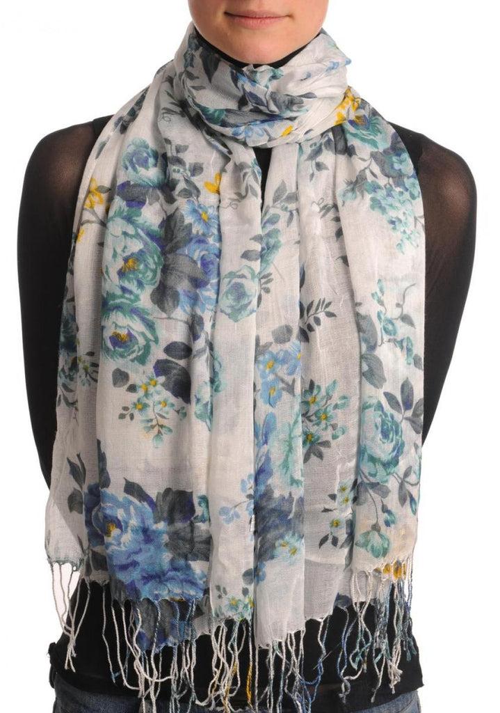 liss kiss Blue Grey & Azure Roses On White With Tassels - Scarf