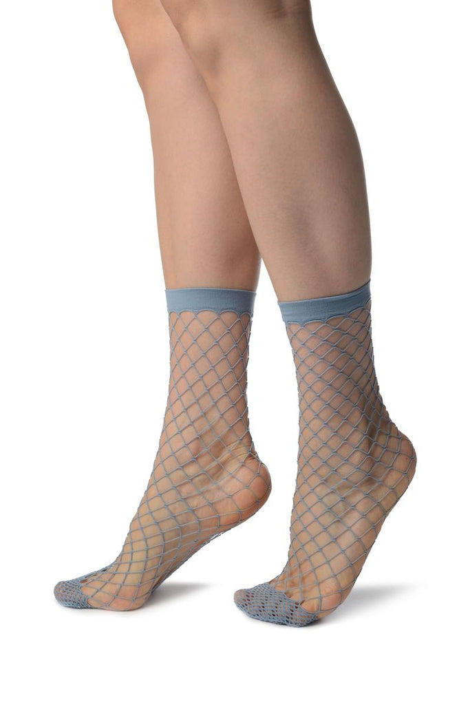 Liss Kiss Blue Large Fishnet With Reinforced Toe Ankle High Socks - Socks