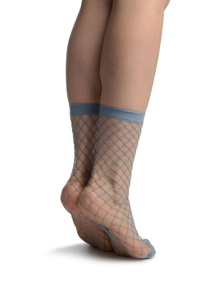 Liss Kiss Blue Large Fishnet With Reinforced Toe Ankle High Socks - Socks