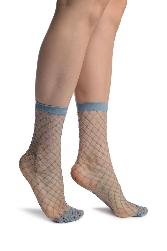 liss kiss Blue Large Fishnet With Reinforced Toe Ankle High Socks - Socks