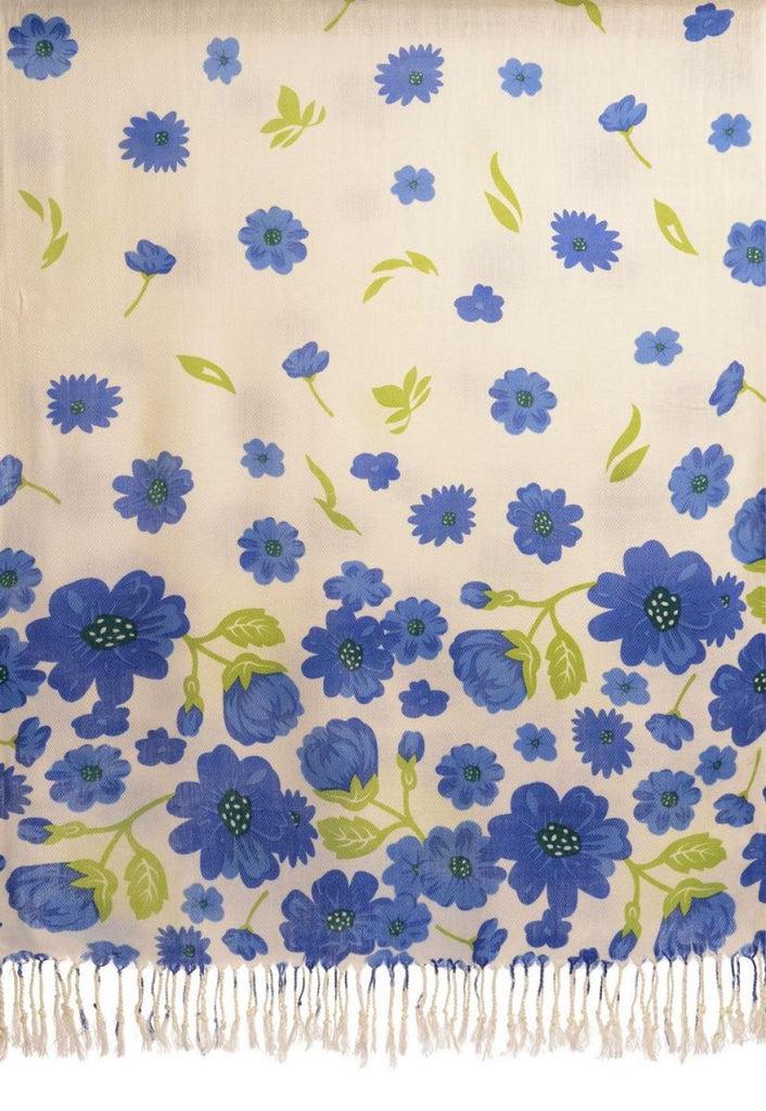 Liss Kiss Blue Large Flowers On White Pashmina Feel With Tassels - Scarf