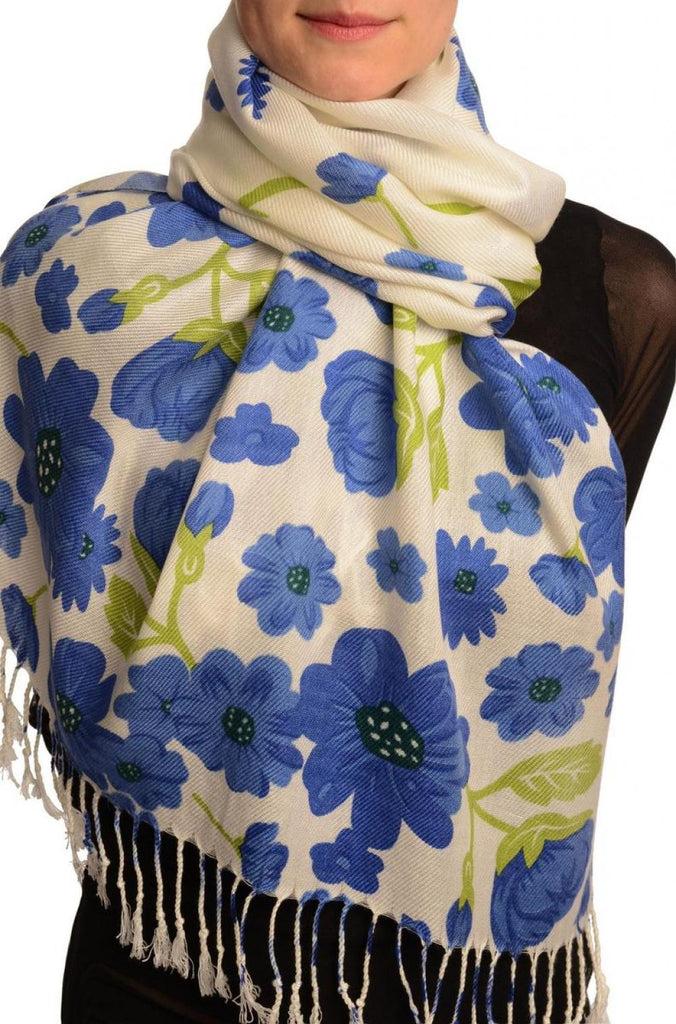 Liss Kiss Blue Large Flowers On White Pashmina Feel With Tassels - Scarf