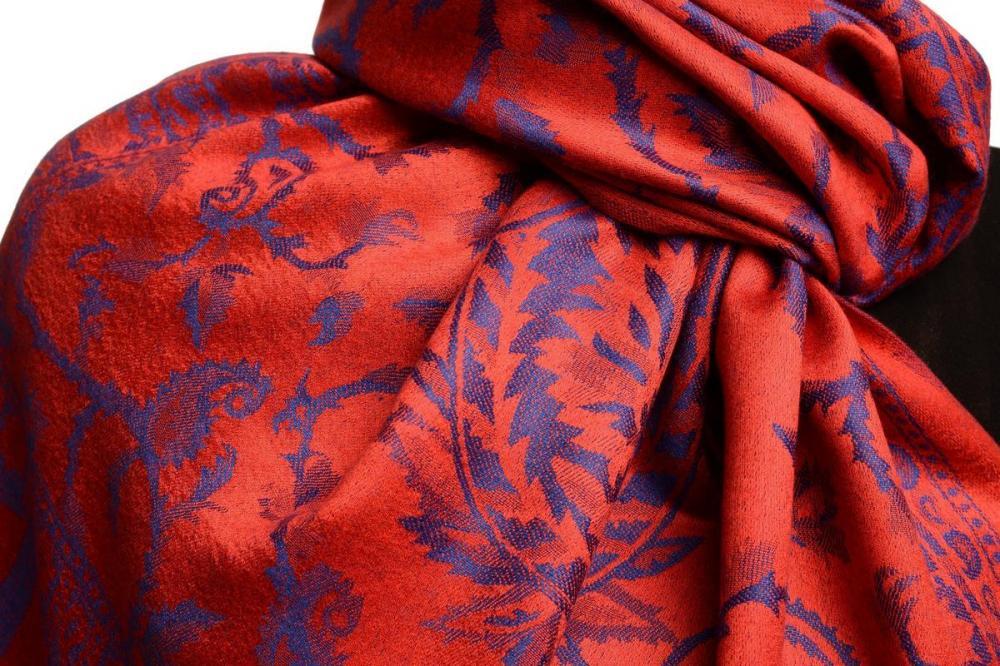 Liss Kiss Blue Large Paisley On Red Pashmina Feel - Scarf