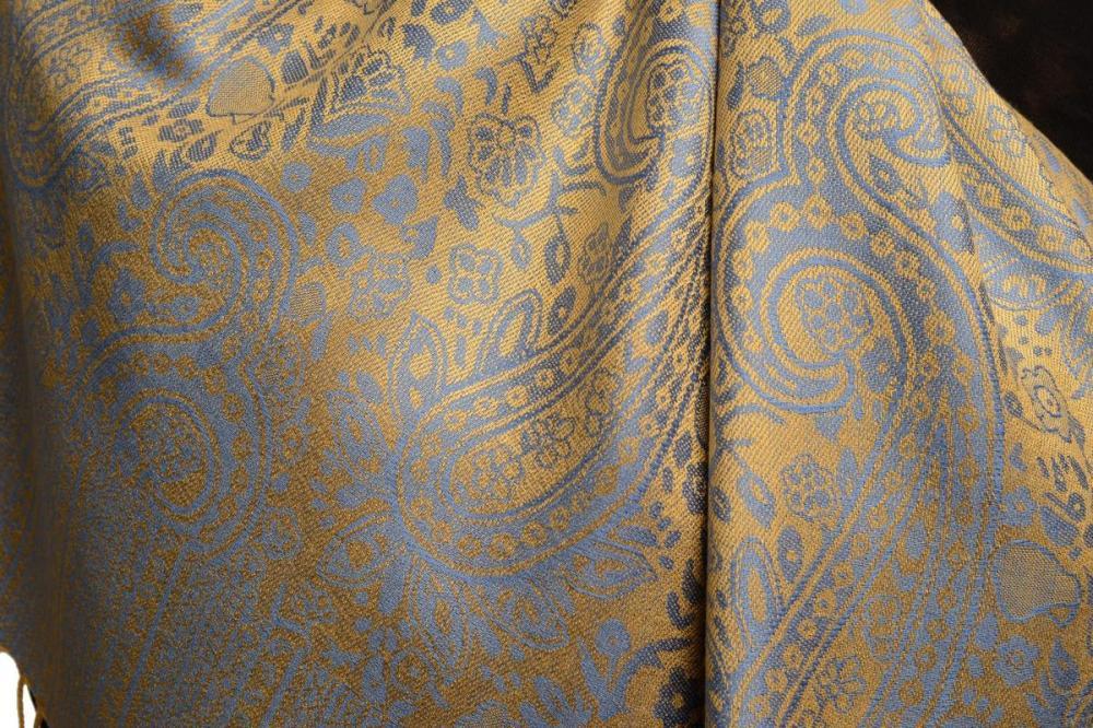 Liss Kiss Blue & Mustard Paisleys Pashmina Feel With Tassels - Scarf