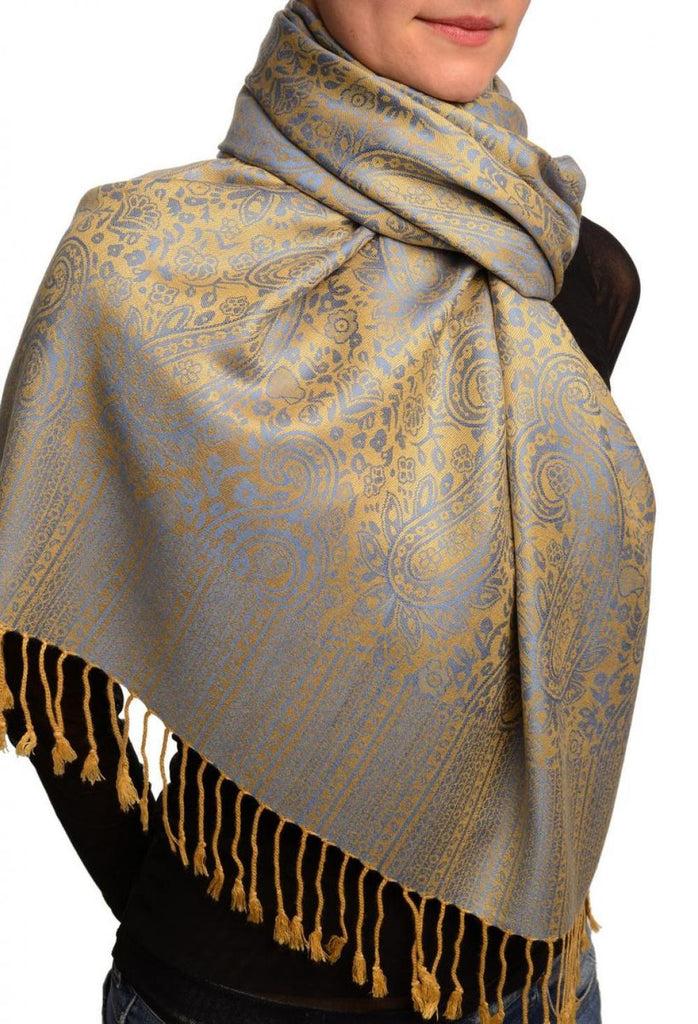 Liss Kiss Blue & Mustard Paisleys Pashmina Feel With Tassels - Scarf