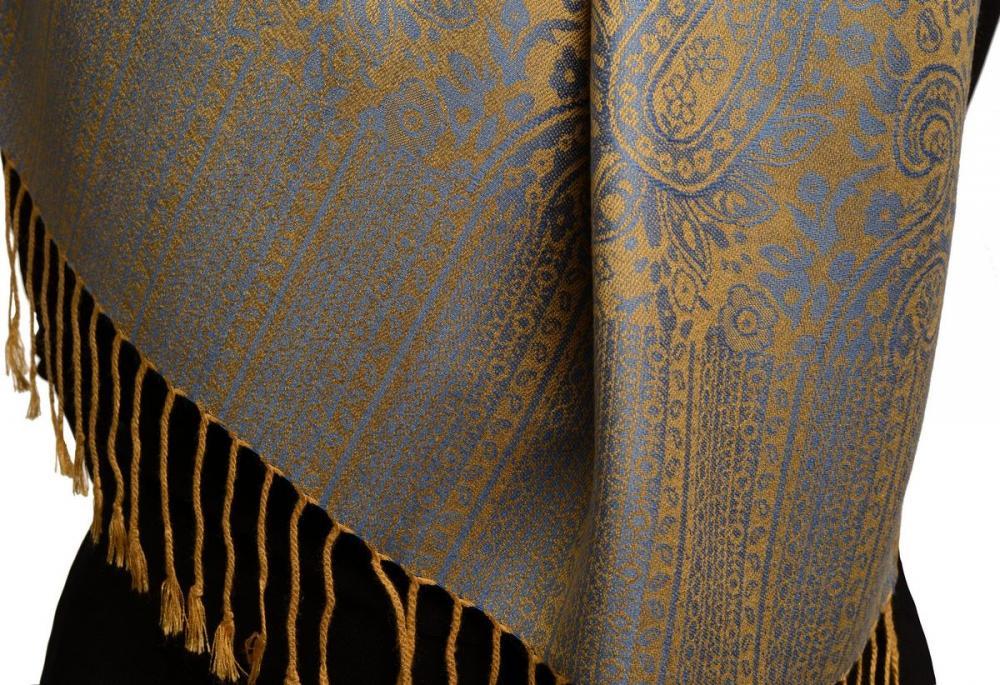 Liss Kiss Blue & Mustard Paisleys Pashmina Feel With Tassels - Scarf
