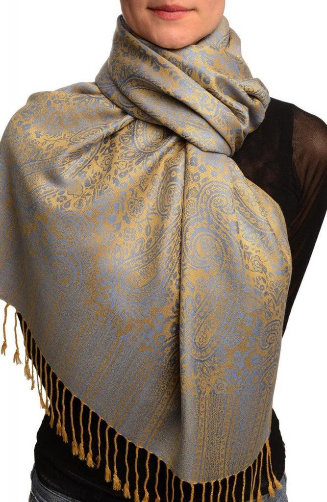 liss kiss Blue & Mustard Paisleys Pashmina Feel With Tassels - Scarf