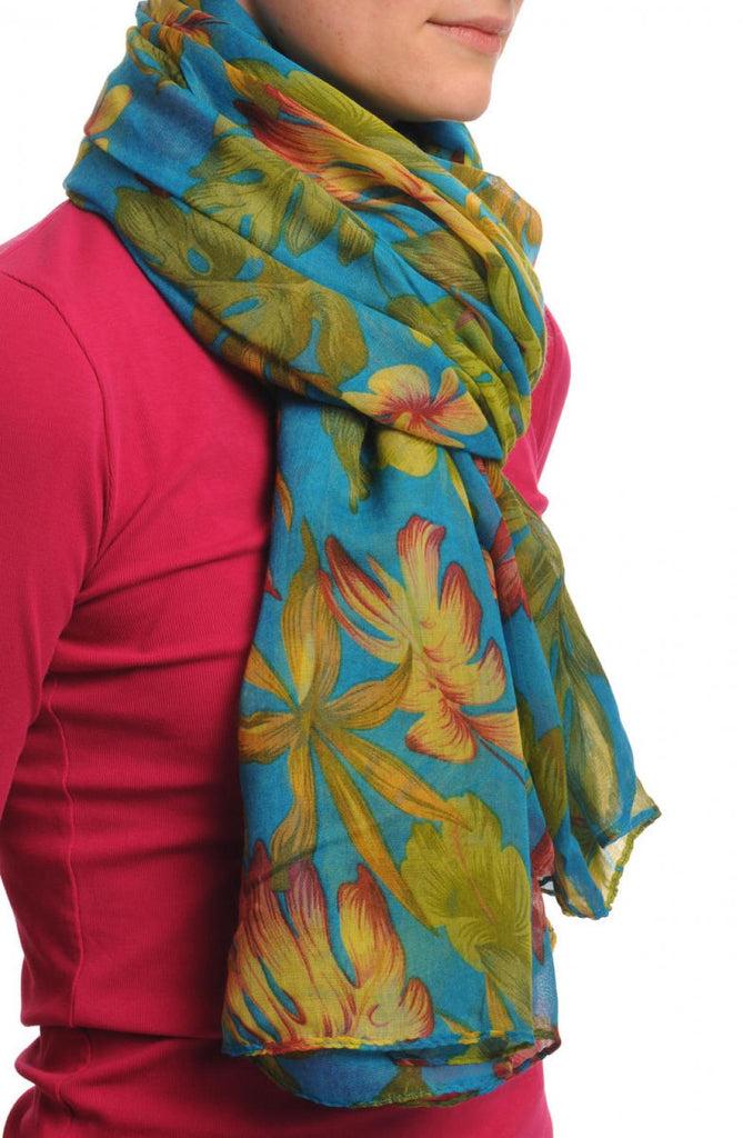 Liss Kiss Blue & Olive Green Palm Leaves On Azure Blue Unisex Scarf & Beach Sarong - Scarf