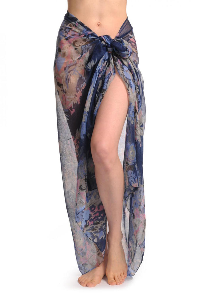 liss kiss Blue & Pink Vintage Flowers On Navy Blue Unisex Scarf & Beach Sarong - Scarf