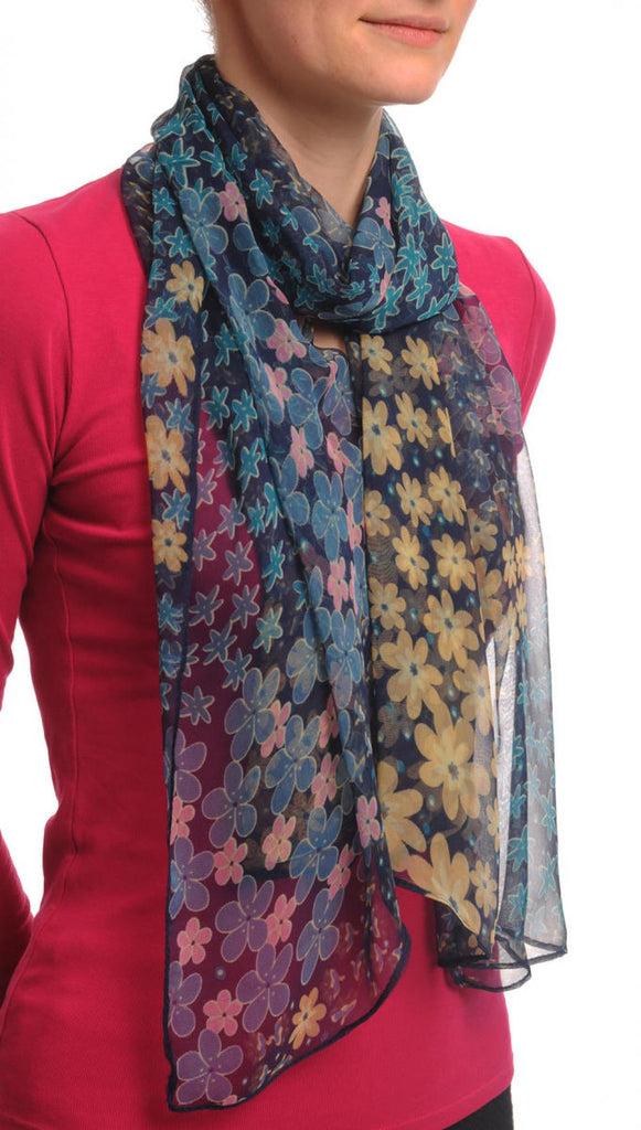 Liss Kiss Blue Pink & Yellow Small Flowers On Navy Blue - Scarf