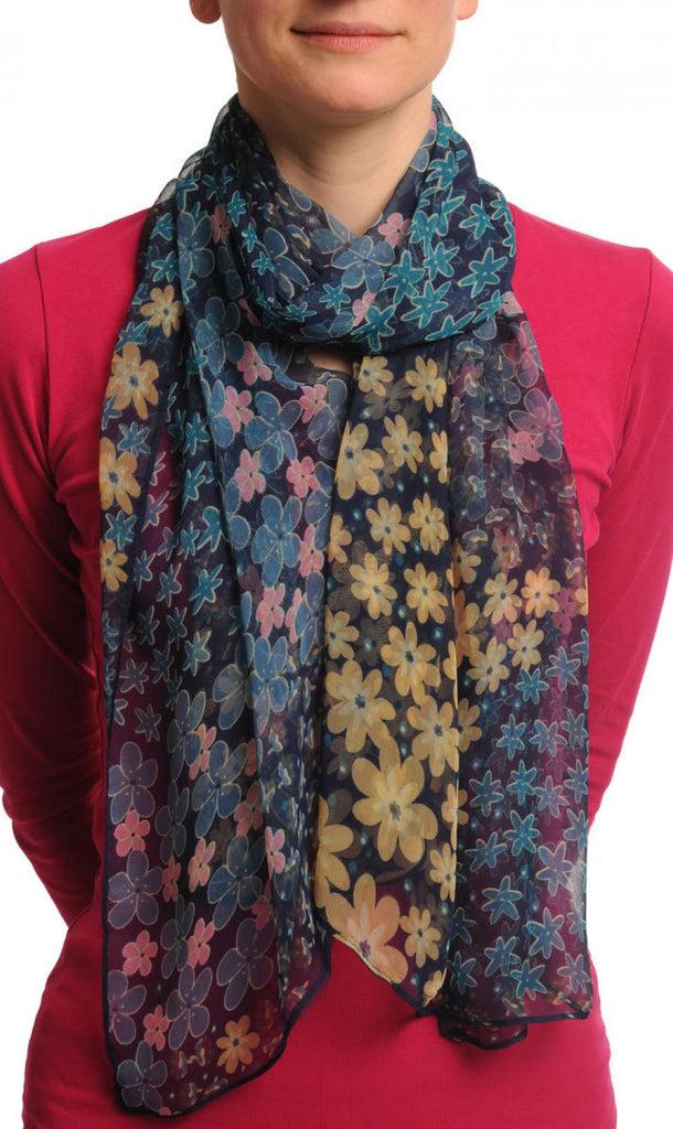 liss kiss Blue Pink & Yellow Small Flowers On Navy Blue - Scarf