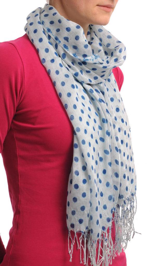 Liss Kiss Blue Polka Dots On White With Tassels - Scarf
