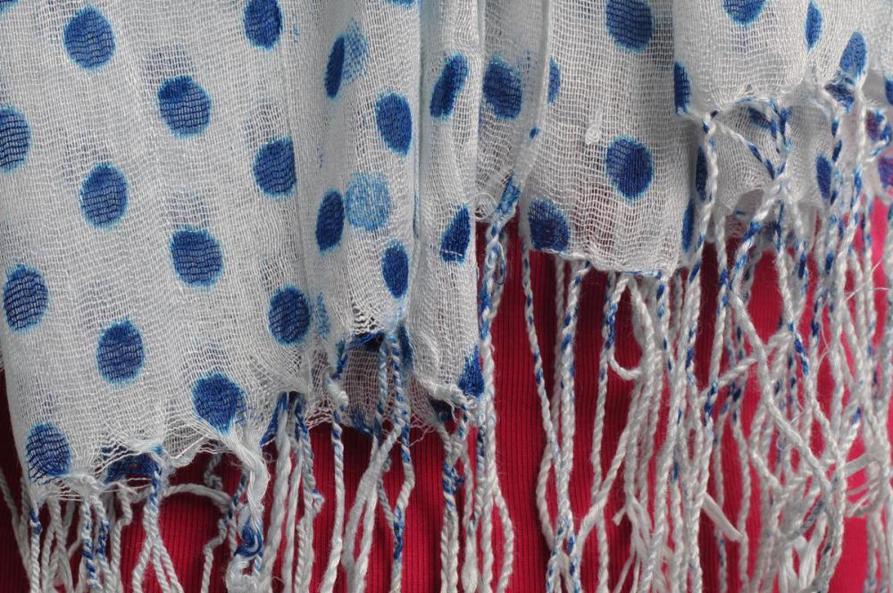 Liss Kiss Blue Polka Dots On White With Tassels - Scarf
