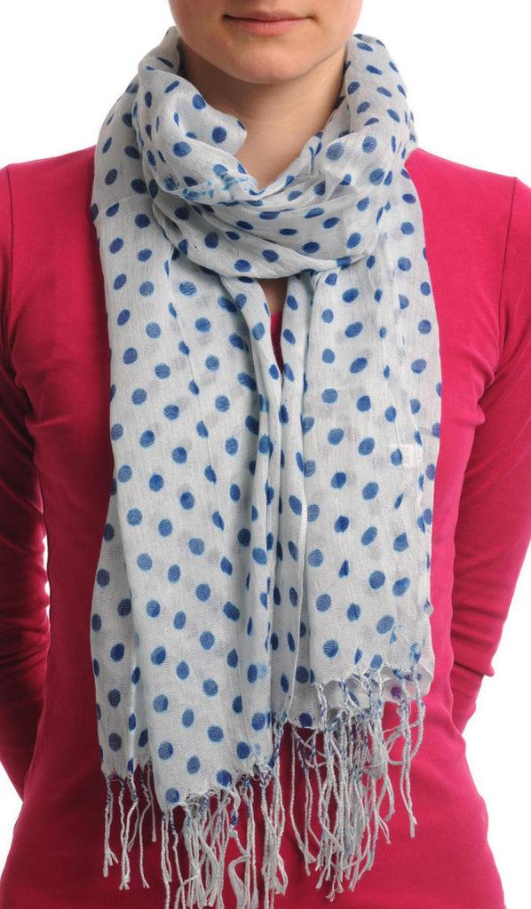 Liss Kiss Blue Polka Dots On White With Tassels - Scarf