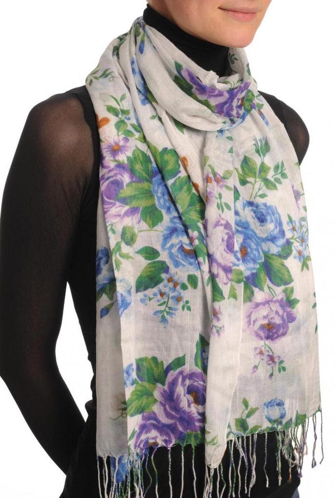 Liss Kiss Blue & Purple Roses On White With Tassels - Scarf