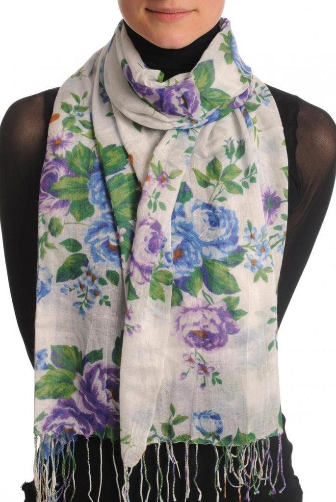 liss kiss Blue & Purple Roses On White With Tassels - Scarf