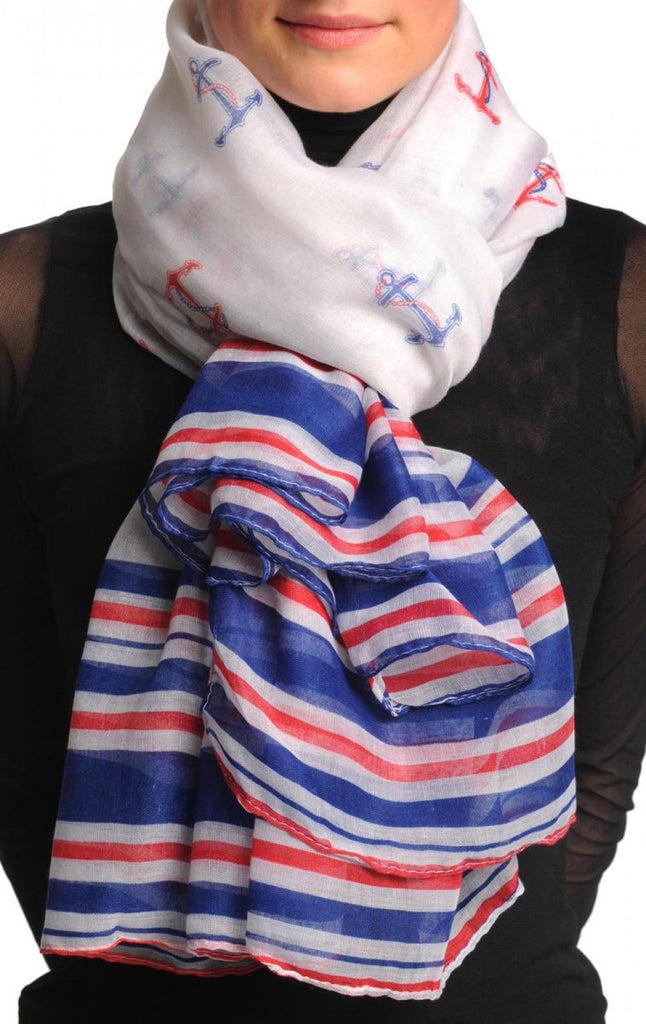 Liss Kiss Blue & Red Anchors With Striped Trim Unisex Scarf & Beach Sarong - Scarf
