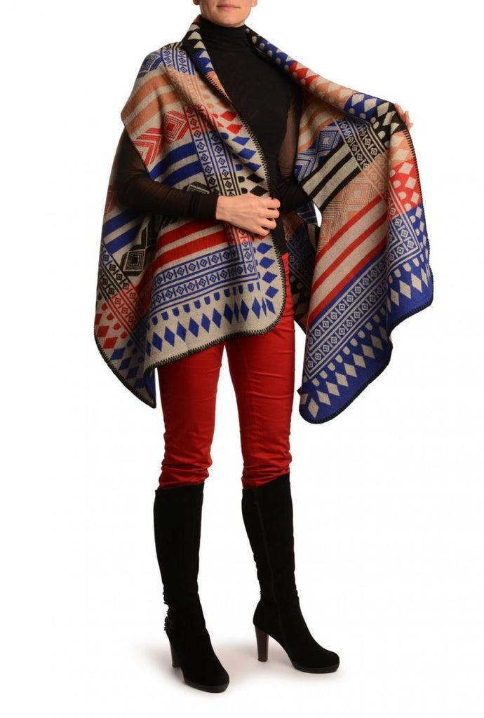 Liss Kiss Blue Red & Black Aztec On Grey Blanket Wrap (Poncho) - Poncho