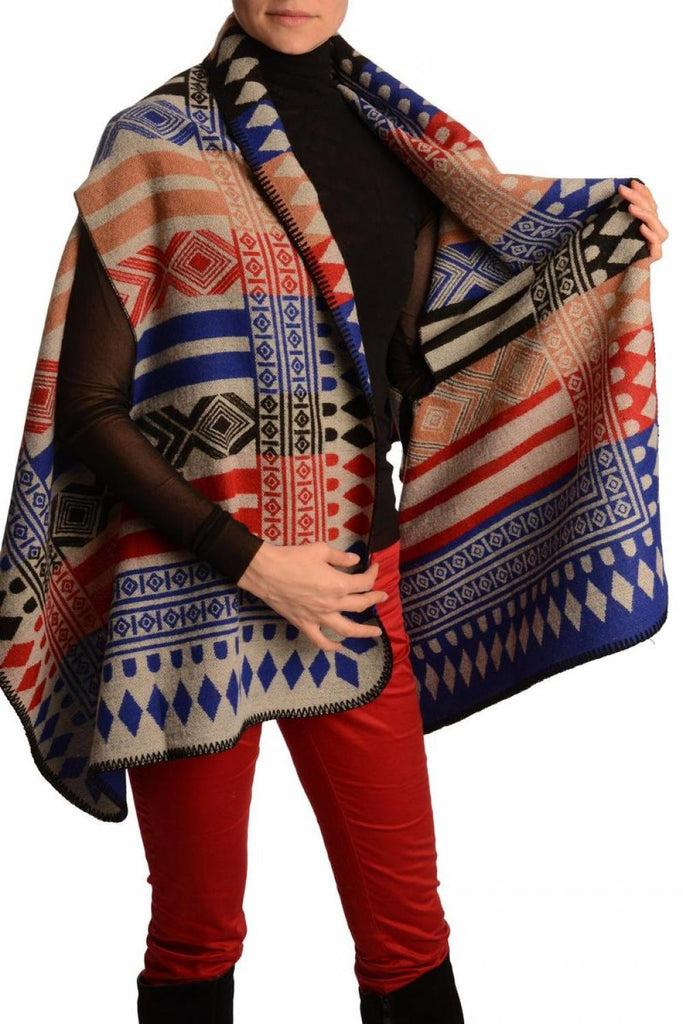 Liss Kiss Blue Red & Black Aztec On Grey Blanket Wrap (Poncho) - Poncho