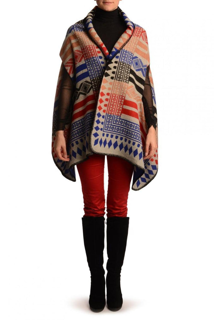 Liss Kiss Blue Red & Black Aztec On Grey Blanket Wrap (Poncho) - Poncho