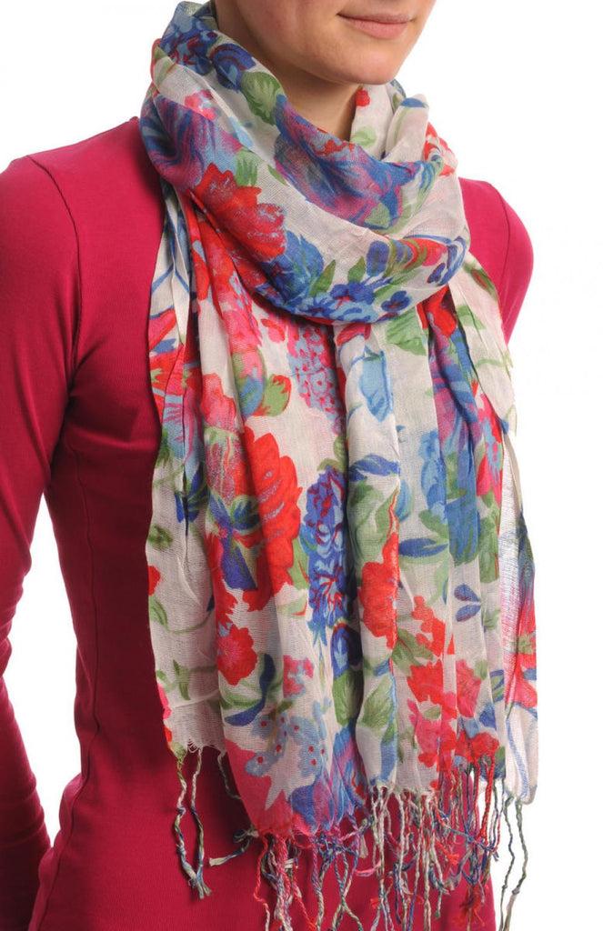 Liss Kiss Blue & Red Summer Garden Flowers On White - Scarf