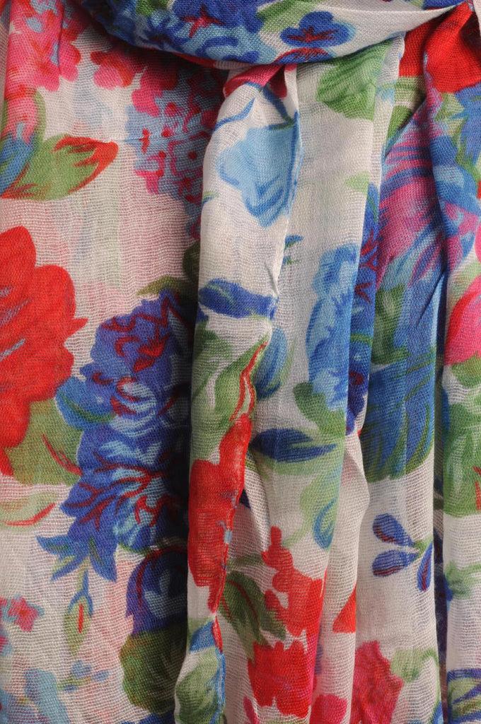 Liss Kiss Blue & Red Summer Garden Flowers On White - Scarf