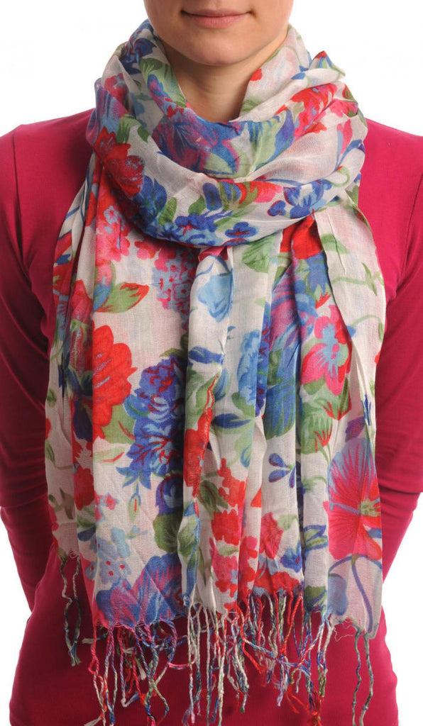 liss kiss Blue & Red Summer Garden Flowers On White - Scarf