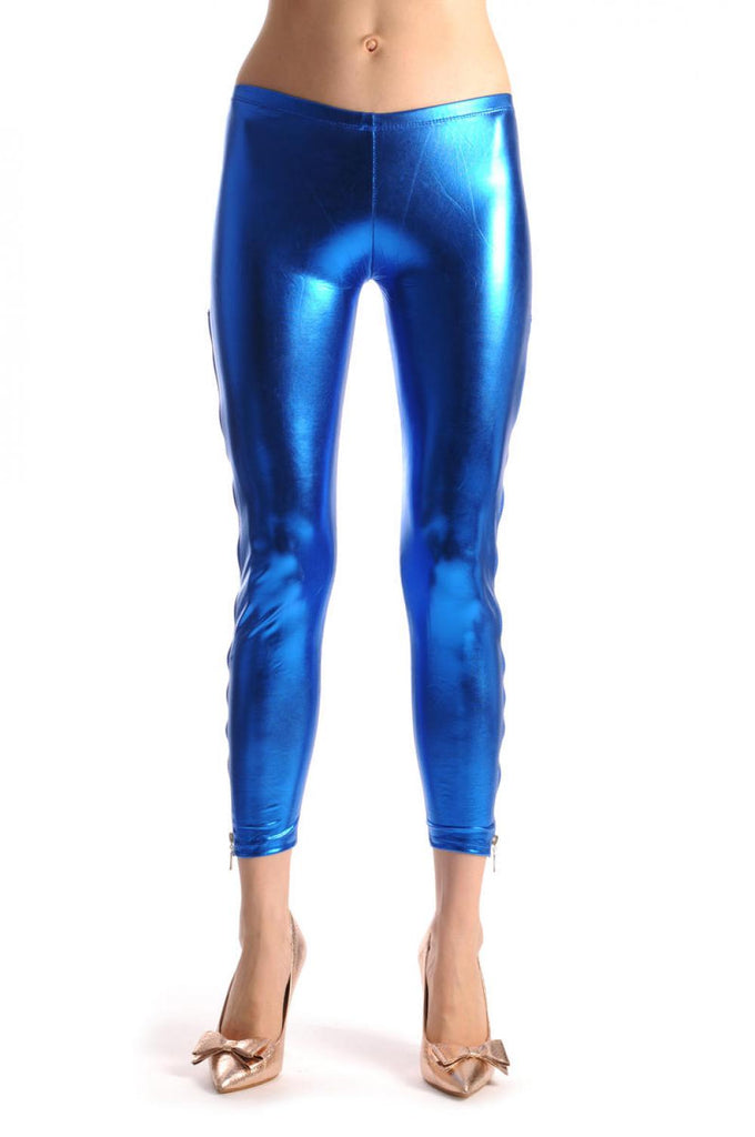 Liss Kiss Blue Shiny Faux Leather Wet Look With Side Zip - Leggings