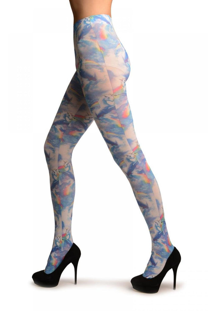 Liss Kiss Blue Sky Unicorn & Rainbow Printed Tights - Tights